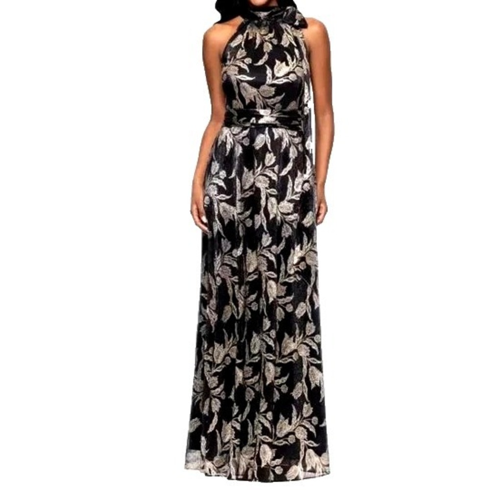 Betsy&Adam Sheath Gown Floral Black Gold Metallic Women's 14 Black/Gold NWT